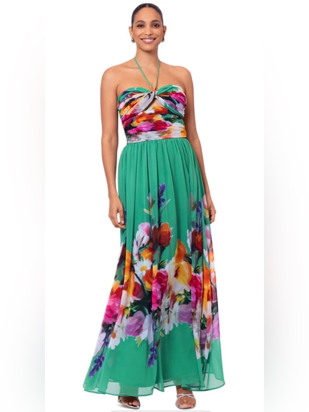 Betsy & Adam Women's Green Floral Self-Tie Halter A-Line Dress Size 12 Stunning!